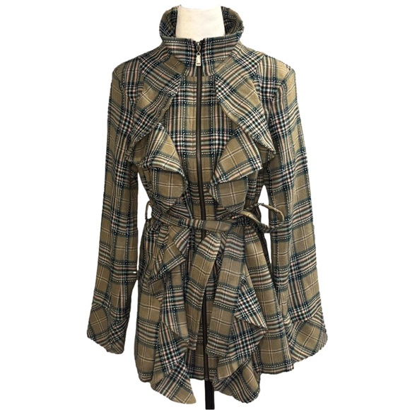 U) Plaid Zip-Up Jacket with Tie-Up Waist - Tan Black Blue Pink - Size Large - Picture 1 of 7